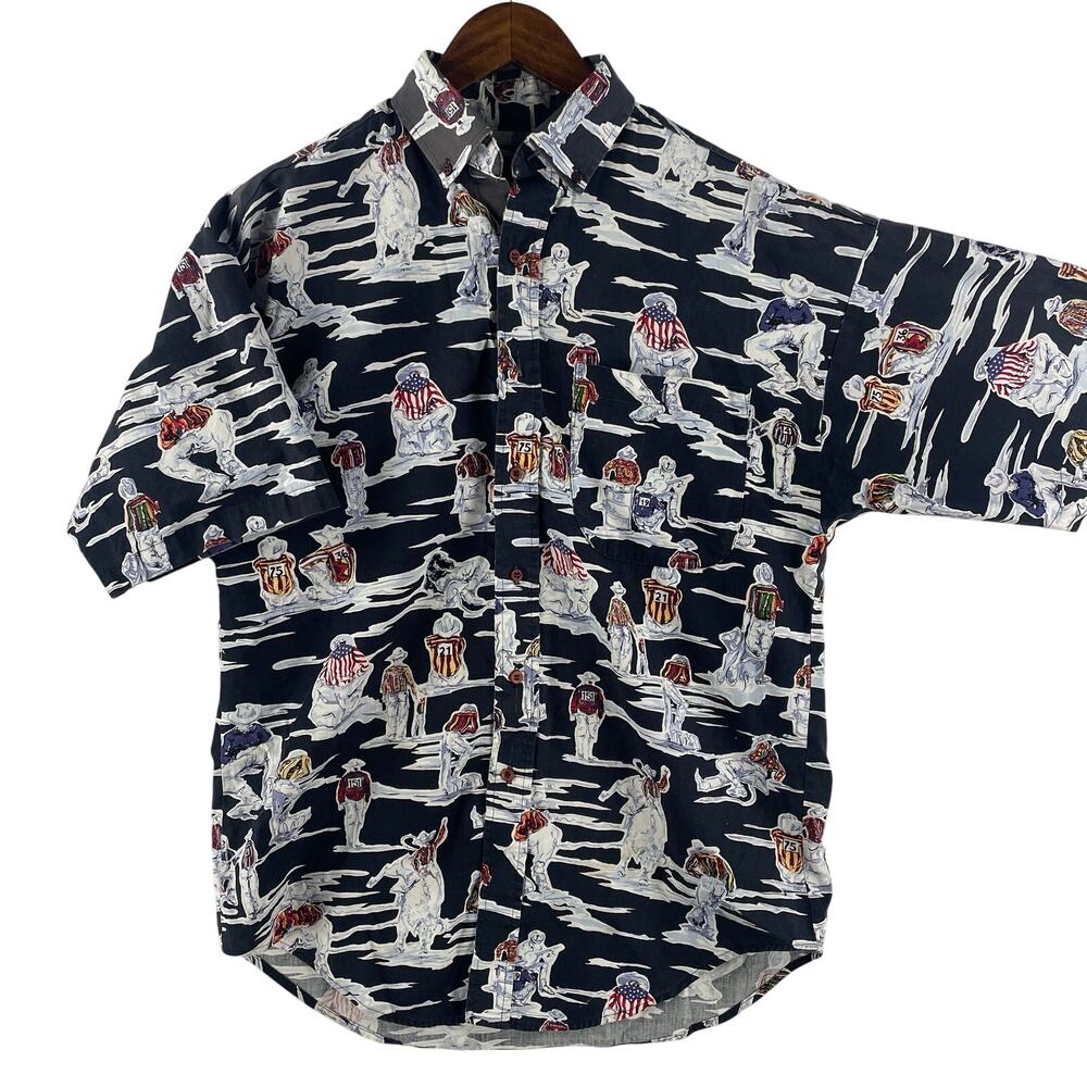 Vintage Panhandle Slim Mens Medium Rodeo Novelty Print Short Sleeve Shirt Black